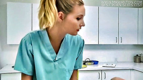 Blonde nurse in sexy uniform lends a hand in HD porn video