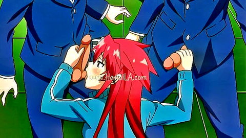 Anime redhead in tracksuit double blowjob with suited men