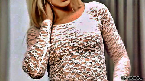 Blonde stunner Lola Myluv in sheer white lace top, seductive tease