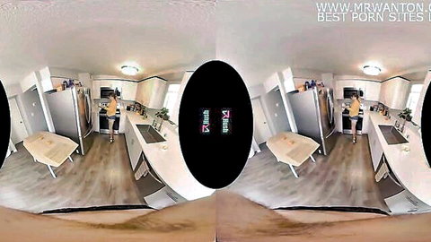 Pamela Morrison in yellow outfit teasing in kitchen VR POV scene