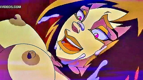 Excited anime girl with huge yellow tits and orange hair smiling in Sex Hunters hentai