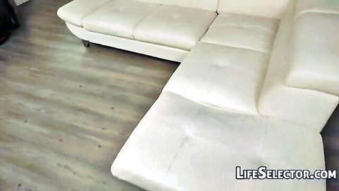 Rachele Richey as sexy boss on white couch, Life Selector scene