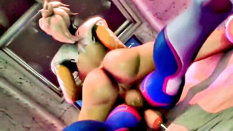 Overwatch shemale hentai character in blue stockings with exposed futa genitals and toy insertion