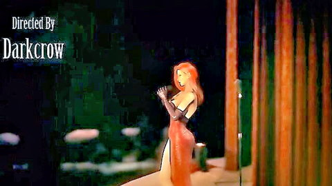 Jessica Rabbit in sexy red dress on stage, curvy redhead performer