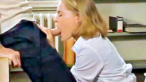 Blonde Anja Juliette Laval kneeling blowjob in office attire