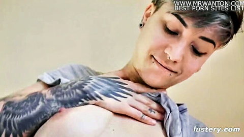 Tattooed silver-haired Ursinae in gray tee, intimate gaze from Lustery with Fennel