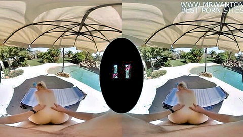 Blonde big tits skinny babe rides cock reverse cowgirl outdoors by pool in VR POV
