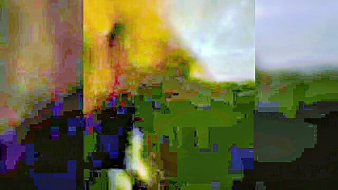 Glitchy abstract pixel art with distorted yellow green blue color fields