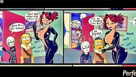 Hentai MILF mom in tight latex catsuit with huge tits and big ass compliments kids' skeleton Halloween costumes