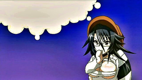 Shy anime hentai girl with black hair, hat, and cleavage