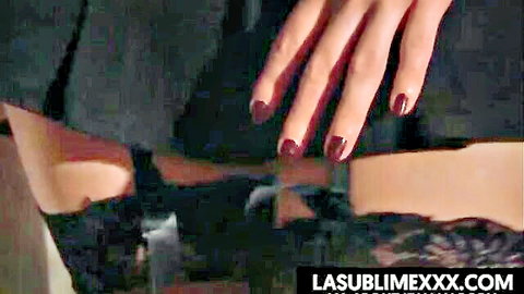 Asha Bliss in black lingerie, teasing hands and thighs close-up