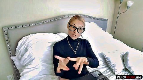 Sarah Vandella blonde MILF in glasses and black turtleneck teasing solo