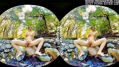 Carmen December nude solo in wet outdoor VR stream, legs spread