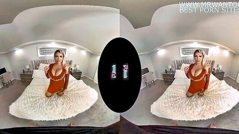Busty blonde MILF Anna Nicole West posing in red dress on bed VR