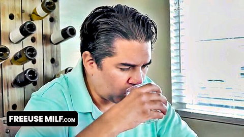 Handsome Latino stepson sips water in big boobed stepmom freeuse fantasy