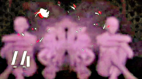 Glitchy purple silhouettes of seated figures with floating red Twitter birds and white exclamation marks