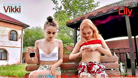 Vikki and Lily topless outdoor flashing on bench, amateur exposure