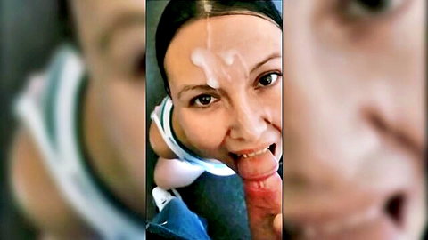 Amateur brunette receives messy facial cumshot close-up