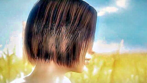 Short-haired Asian woman smiling in sunny field, Nightmare Code Valentine hentai scene