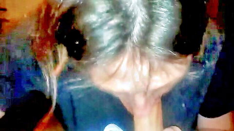 Mature Kelly giving POV blowjob, gray-haired woman from behind