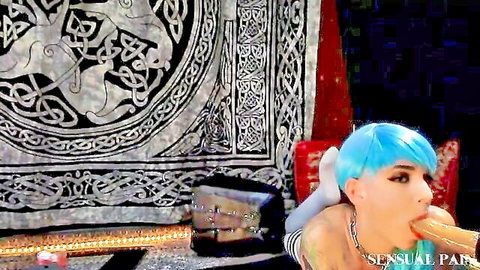 Abigail blue-haired MILF sucking large BBC dildo in striped stockings