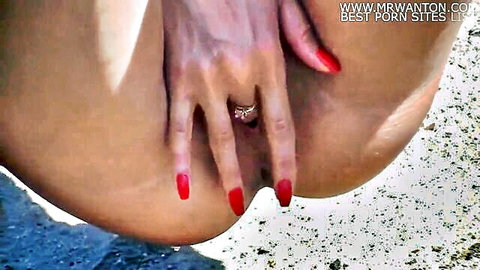Blonde woman exposes shaved pussy outdoors on public roadside, fingering tease