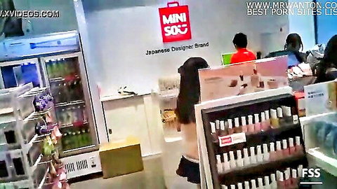 Japanese schoolgirl upskirt exposure in supermarket public setting