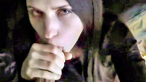 Seductive goth babe sucks thick fingers deep in mouth teasing blowjob