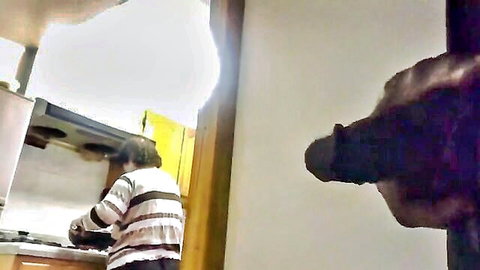 Chinese granny flashing tits in morning kitchen scene