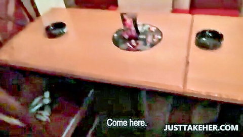 Blonde waitress gangbanged on restaurant table by team