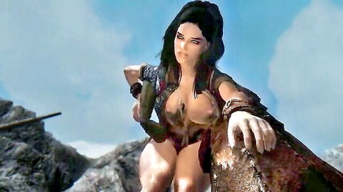 Ava as fierce warrior in skimpy armor, exposing large breasts on rocky cliff