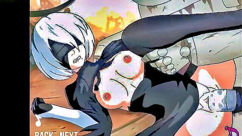 Hentai 2B anime girl squeezing massive lactating tits with milk dripping from pink nipples