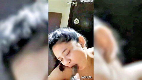 Malaysian wife sucking thick cock in bathroom with slutty eyes and exposed tits
