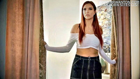 Redhead in off-shoulder white crop top and black mini skirt, lesbian therapist tease