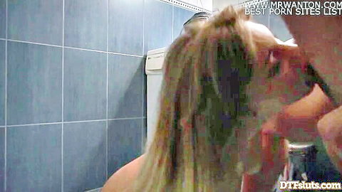 Blonde amateur Haley Hill sucking James Deen in restroom