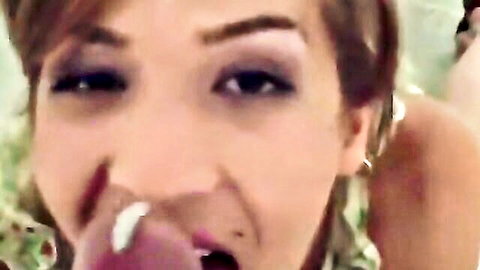 Pretty brunette giving oral sex with cum on lips, intense close-up