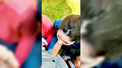 Three Asian friends outdoor blowjob in park with casual clothes