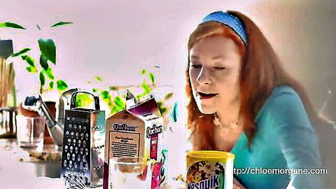 Redhead Chloe Morgane in blue top, kitchen tease before doggy creampie
