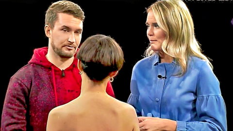 Naked Attraction Suomi nude contestant back view with hosts