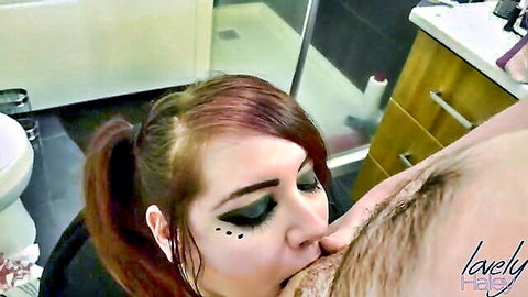 LovelyHaley as bad angel giving expert blowjob and receiving facial in bathroom