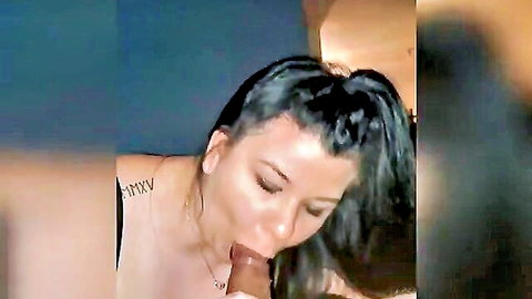 BBW with dark ponytail tattooed chest gives intense blowjob cheating scene