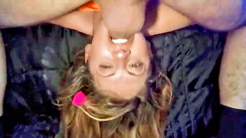 Nicole Rossi in upside-down blowjob, busty model deepthroating passionately