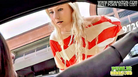 Odette Delacroix blonde babe gives public handjob in car park