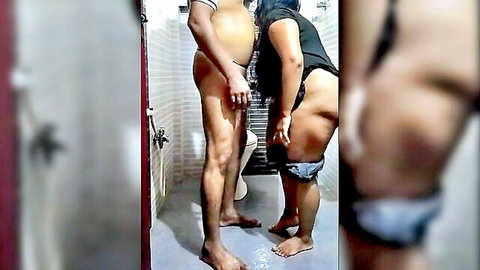 Sri Lankan couple fucking doggy style in bathroom with hairy cock in her exposed pussy and ass