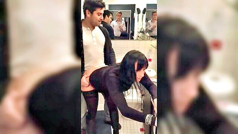 Brunette bent over bathroom sink pants pulled down exposing bare pink ass cheeks as man grabs her hips from behind