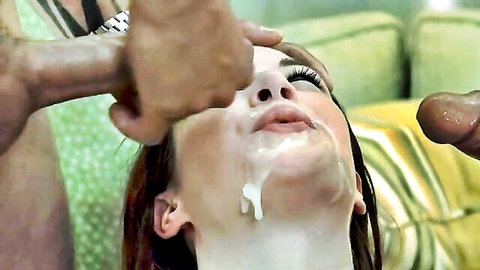 Redhead babe's face covered in cum dripping from mouth after sucking big black cock