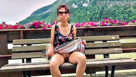Amateur South Asian wife lifts skirt on outdoor bench exposing wet shaved pussy