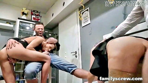Two men gangbang brunette lifting her skirt exposing huge ass and pussy in taboo fuck
