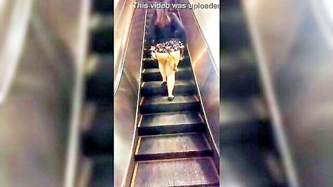 MILF flashing bare ass and pussy on public escalator upskirt