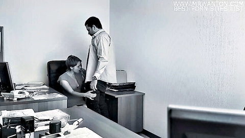 Office secretary grabs boss's crotch bulge through pants in steamy B&W tease